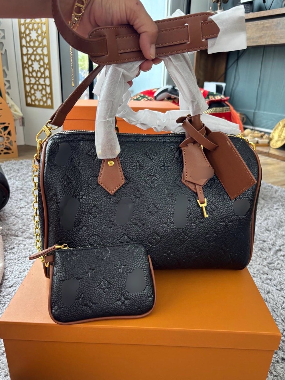 Black and Brown Embossed Satchel Handbag with Pouch